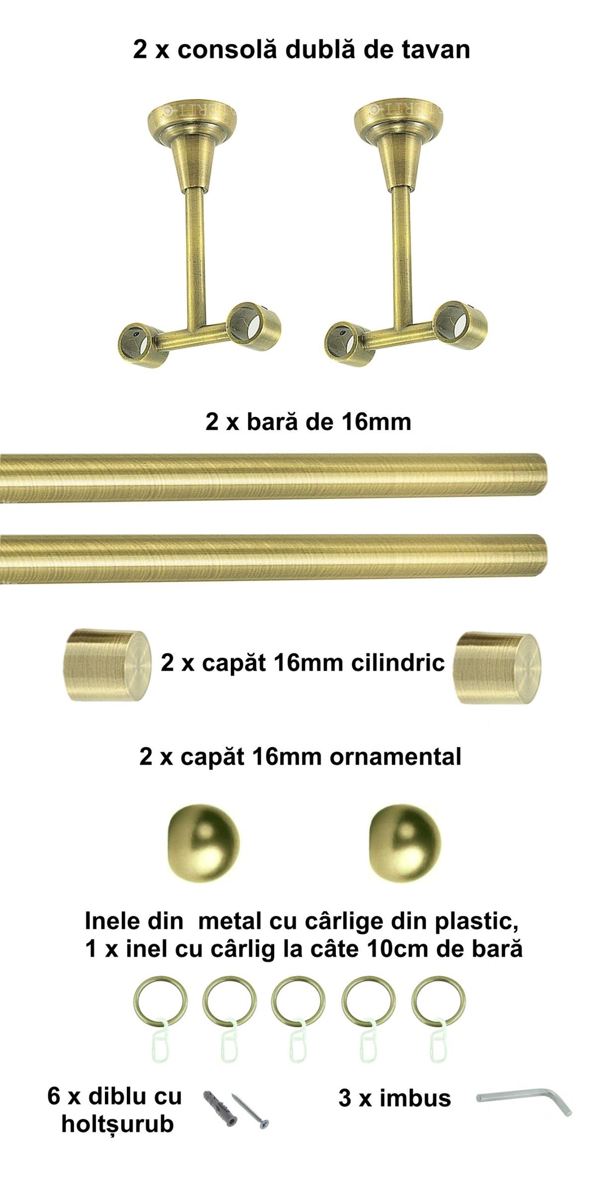 Galerie Metalică Terra, dublă, de tavan, cu inele, 16mm, antique brass (auriu antic)