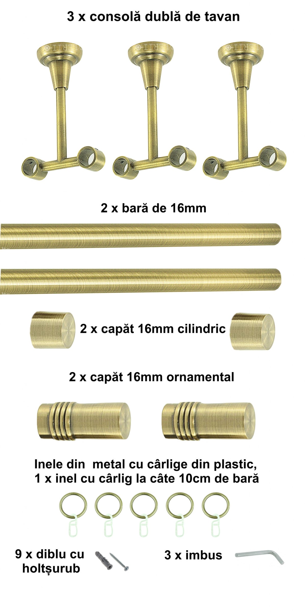 Galerie Metalică Celtex, dublă, de tavan, cu inele, 16mm, antique brass (auriu antic)