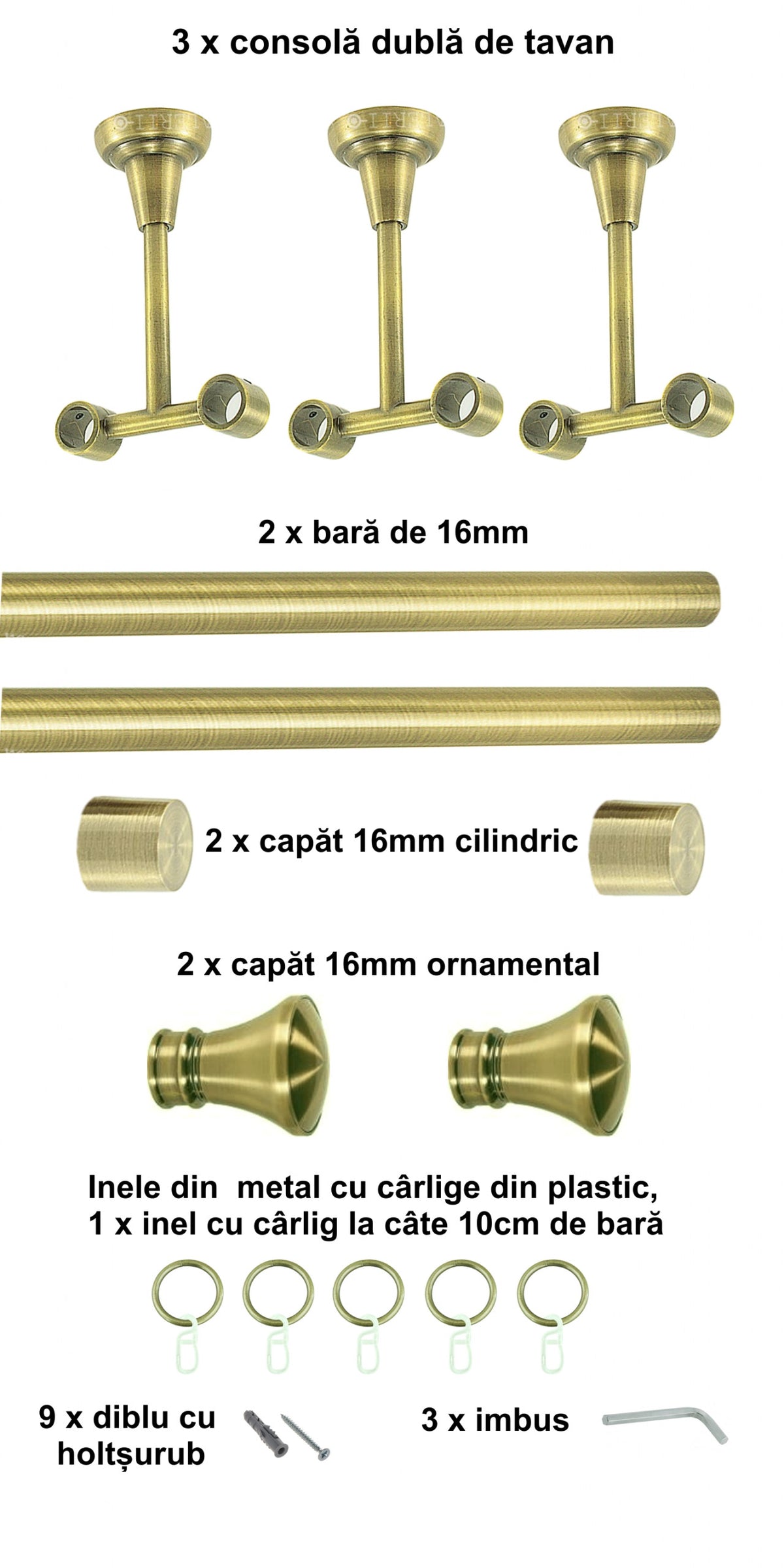 Galerie Metalică Conic, dublă, de tavan, cu inele, 16mm, antique brass (auriu antic)