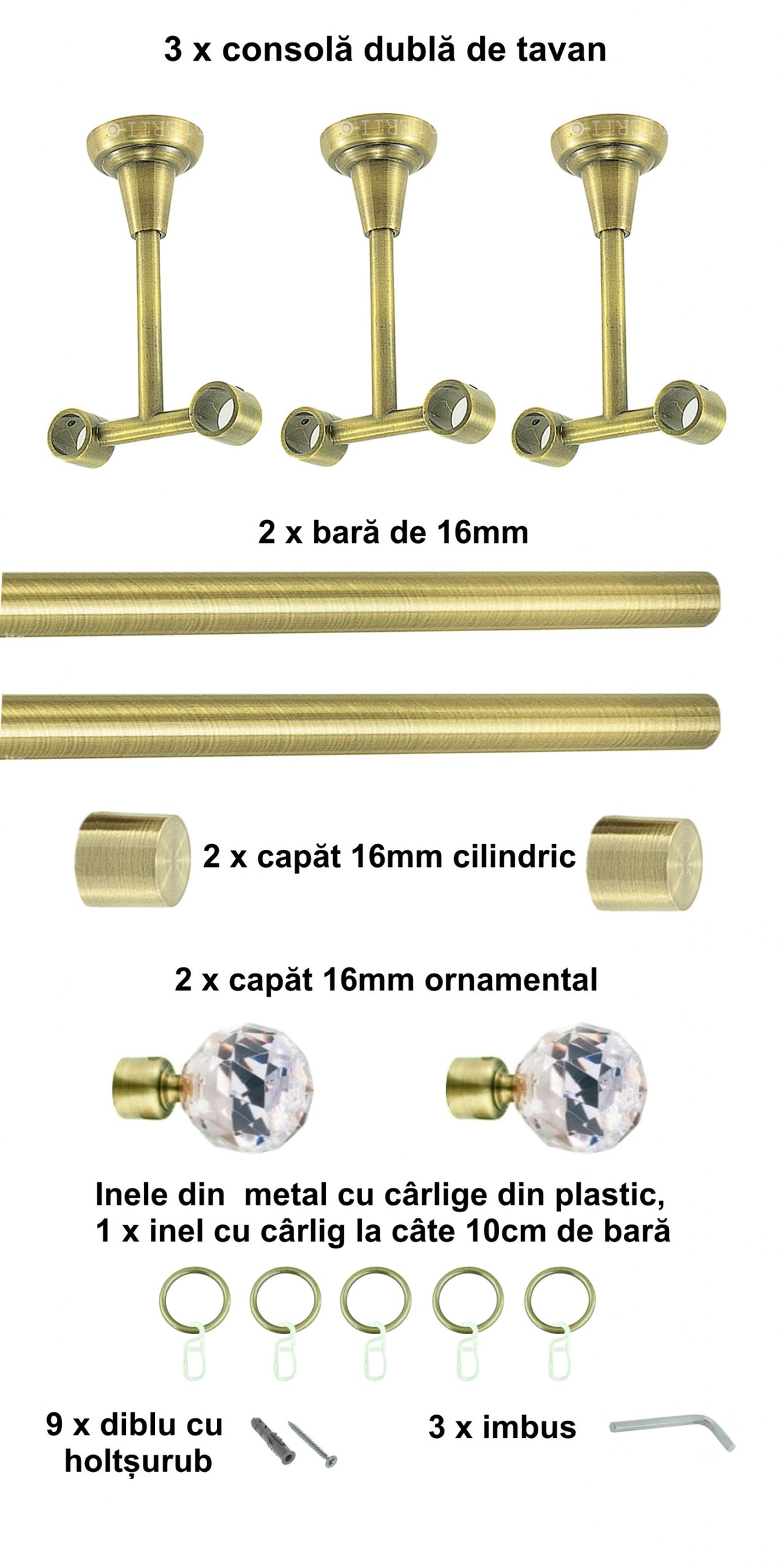 Galerie Metalică Cristal, dublă, de tavan, cu inele, 16mm, antique brass (auriu antic)