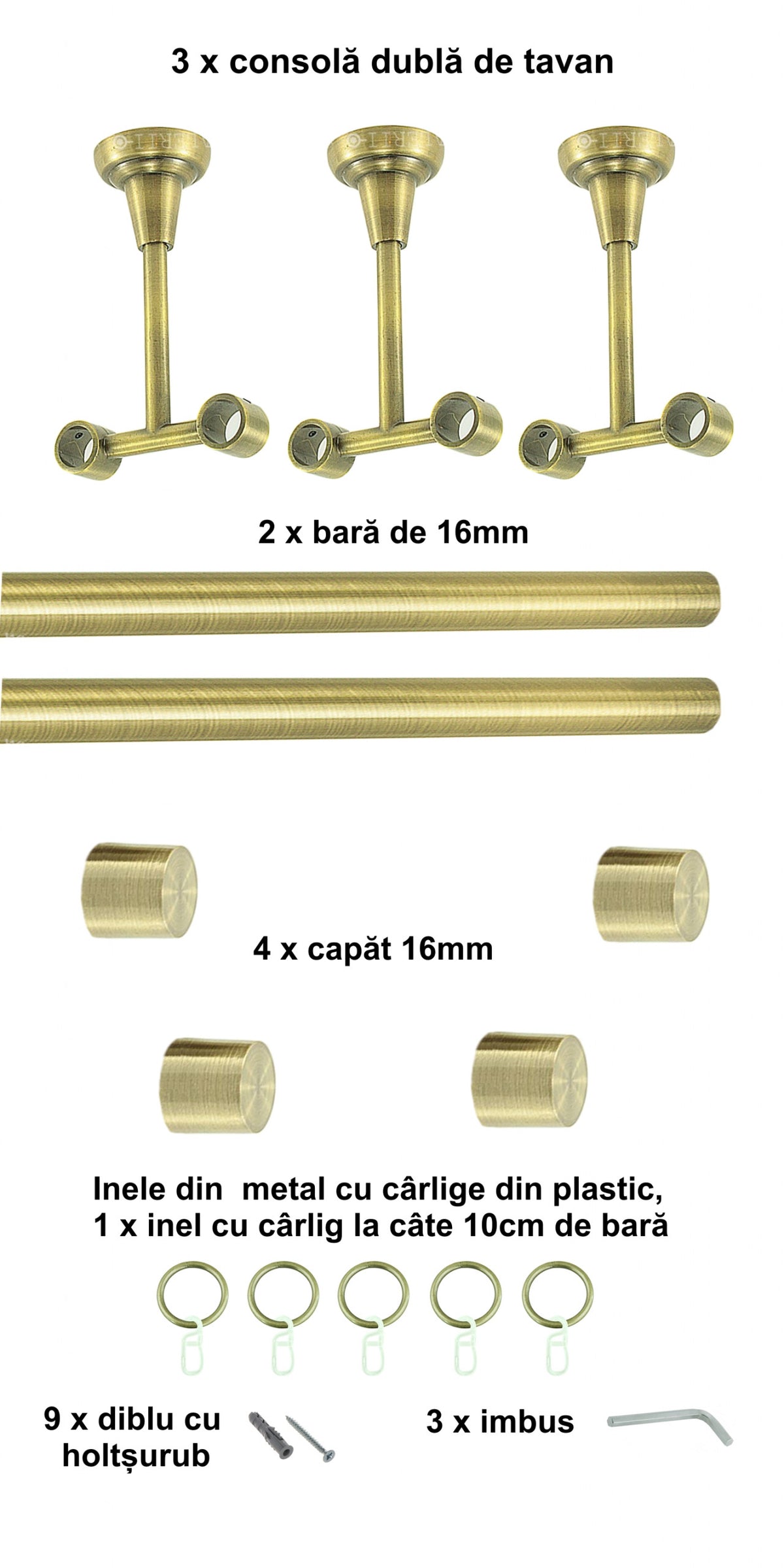 Galerie Metalică Luna, dublă, de tavan, cu inele, 16mm, antique brass (auriu antic)