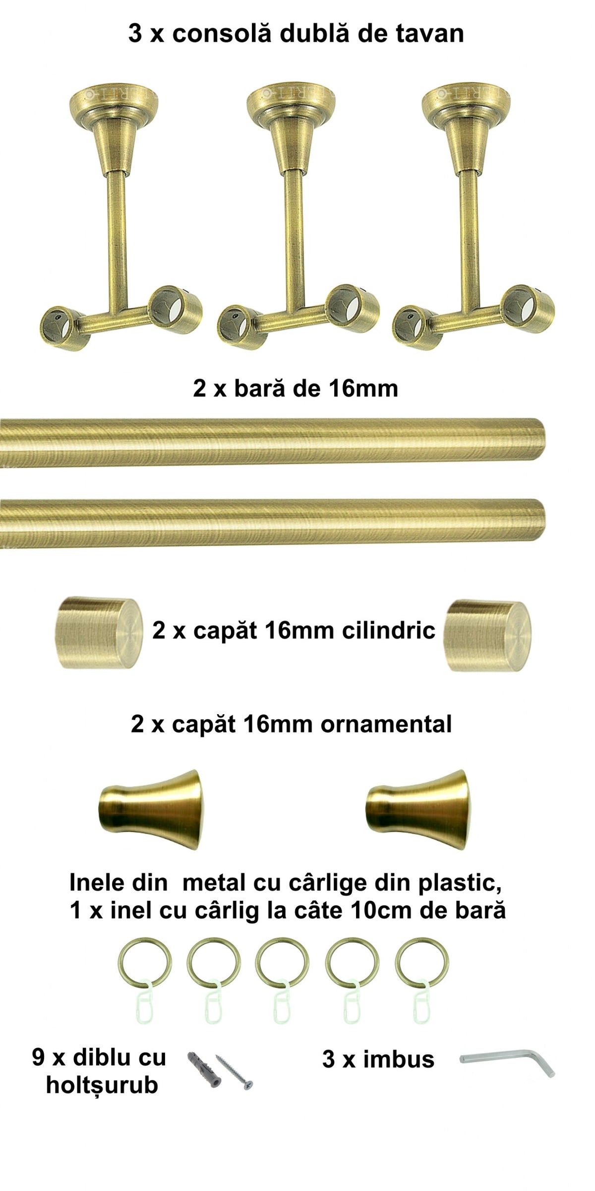 Galerie Metalică Monaco, dublă, de tavan, cu inele, 16mm, antique brass (auriu antic)