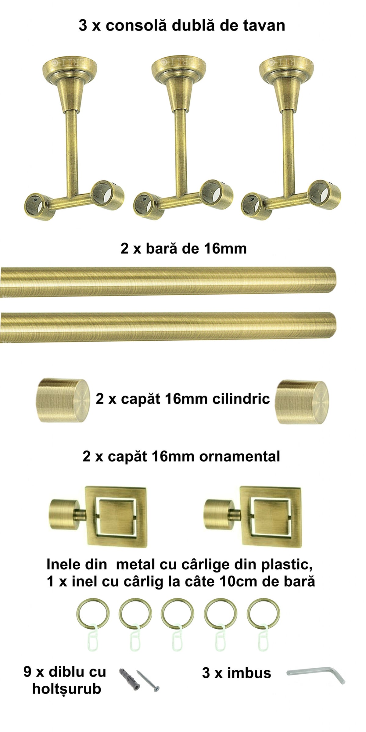 Galerie Metalică Saturn, dublă, de tavan, cu inele, 16mm, antique brass (auriu antic)