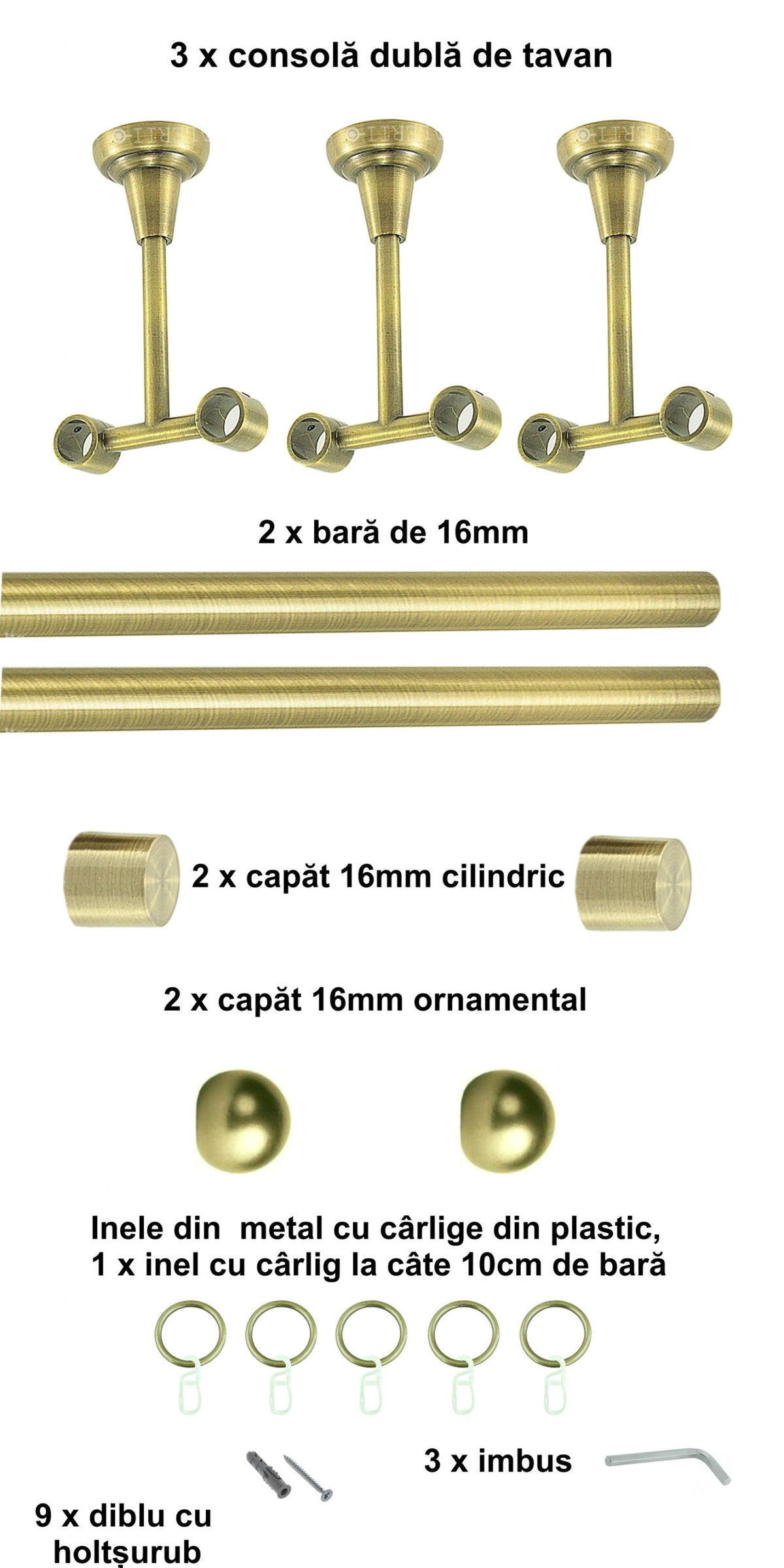 Galerie Metalică Terra, dublă, de tavan, cu inele, 16mm, antique brass (auriu antic)