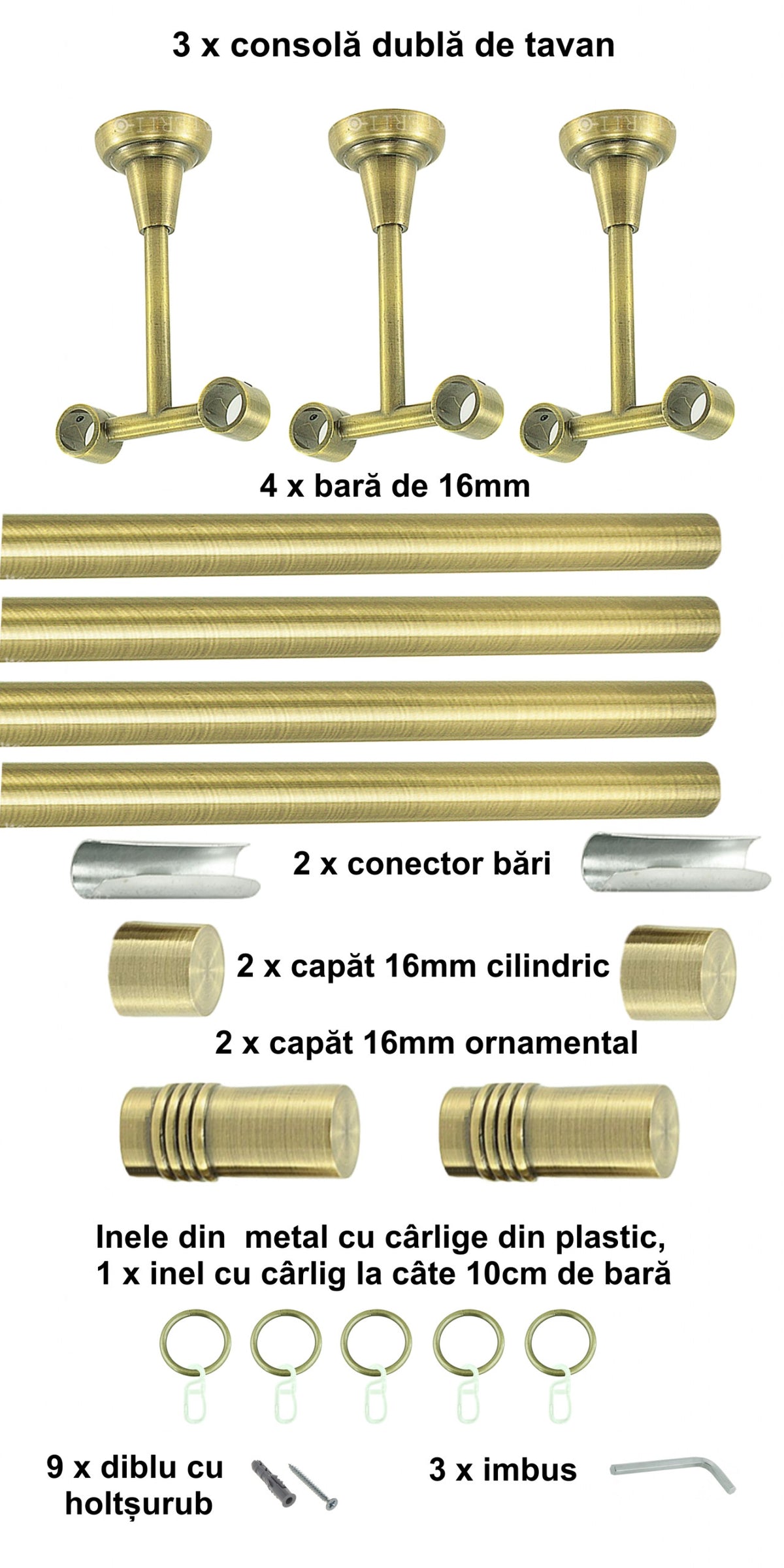 Galerie Metalică Celtex, dublă, de tavan, cu inele, 16mm, antique brass (auriu antic)