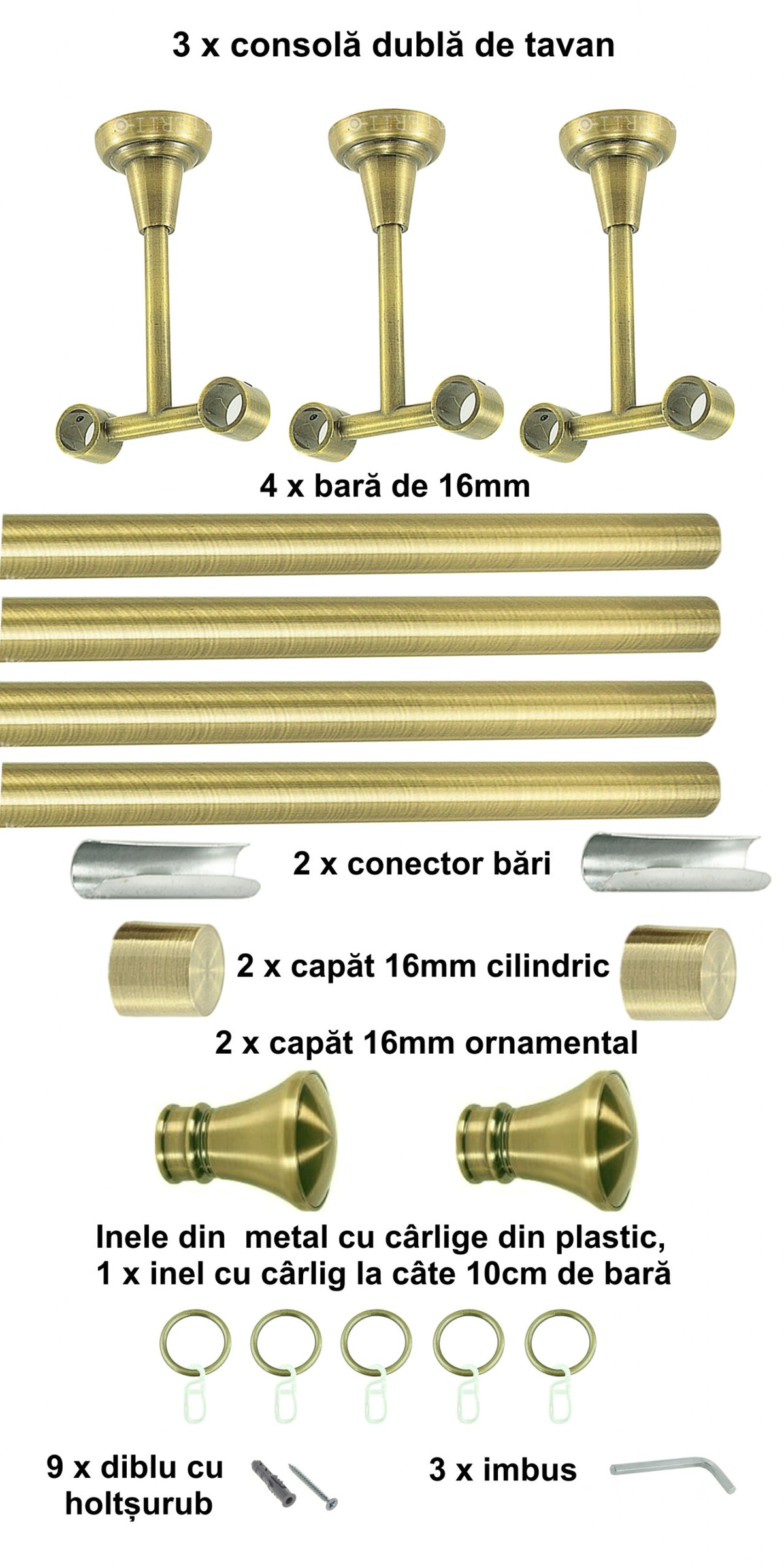Galerie Metalică Conic, dublă, de tavan, cu inele, 16mm, antique brass (auriu antic)