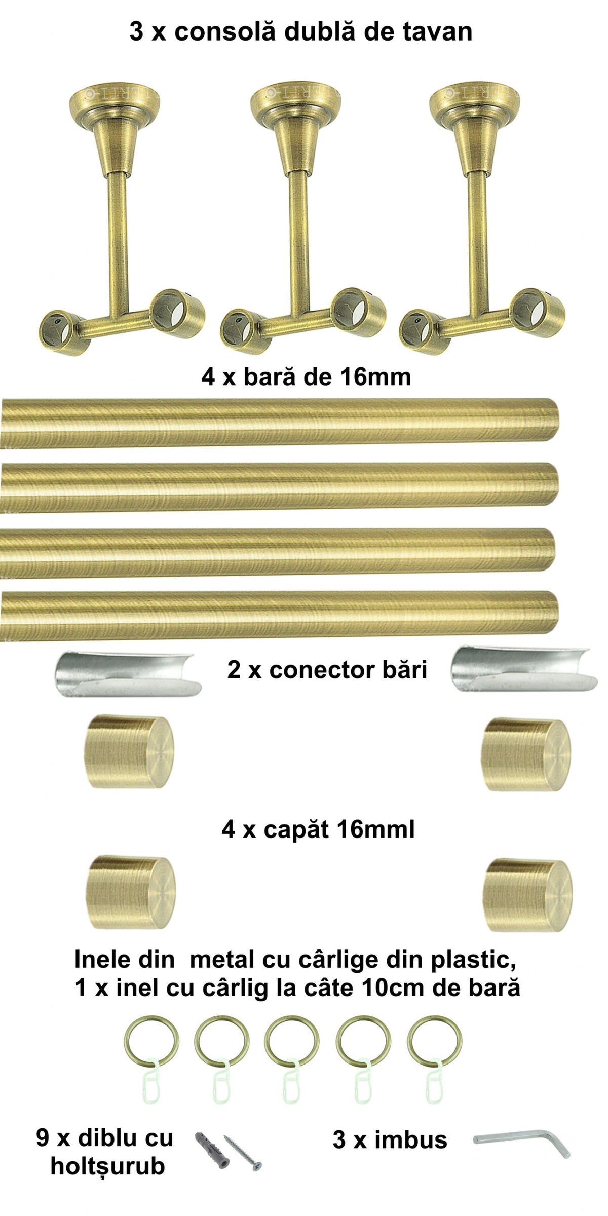Galerie Metalică Luna, dublă, de tavan, cu inele, 16mm, antique brass (auriu antic)