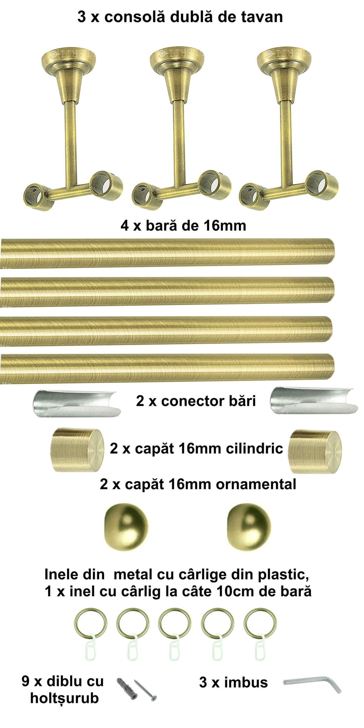 Galerie Metalică Terra, dublă, de tavan, cu inele, 16mm, antique brass (auriu antic)