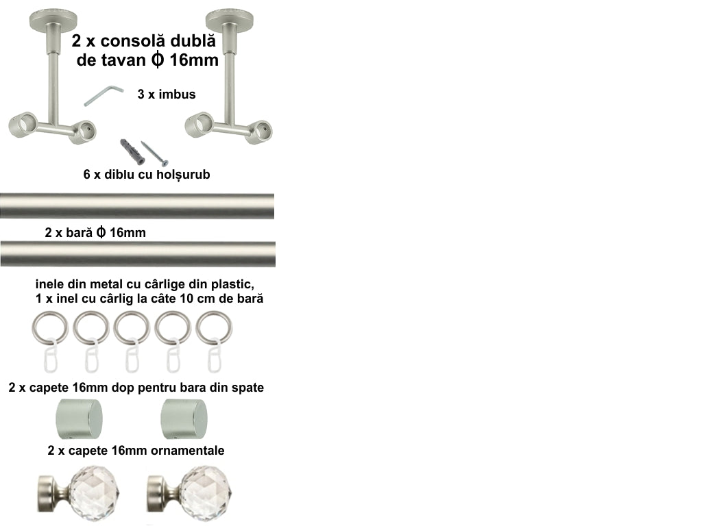 Galerie Metalică Cristal, dublă, de tavan, cu inele, 16mm, satin nichel (argintiu mat)