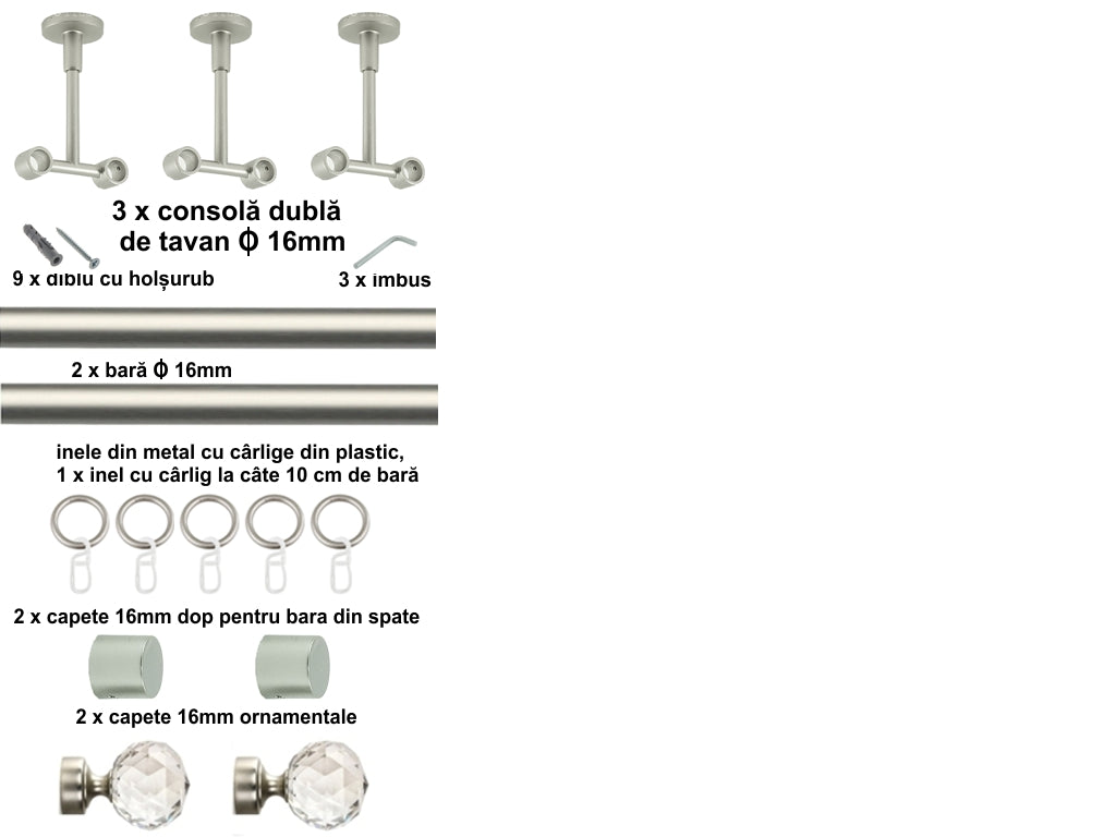Galerie Metalică Cristal, dublă, de tavan, cu inele, 16mm, satin nichel (argintiu mat)