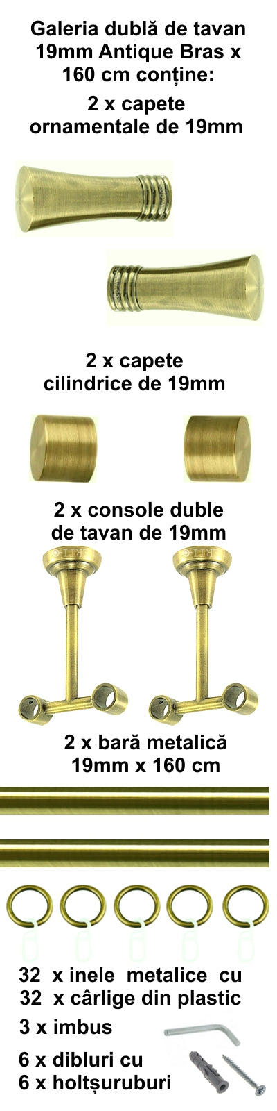 Galerie Metalică Ahile, dublă, de tavan, cu inele, 19mm, antique brass (auriu antic)