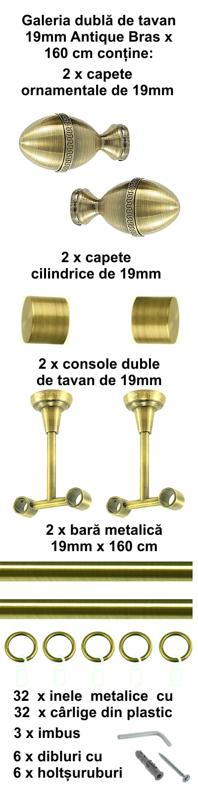 Galerie Metalică Cezar, dublă, de tavan, cu inele, 19mm, antique brass (auriu antic)