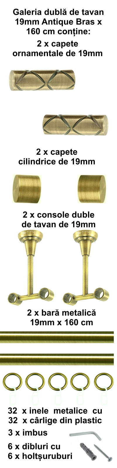 Galerie Metalică Ciel, dublă, de tavan, cu inele, 19mm, antique brass (auriu antic)