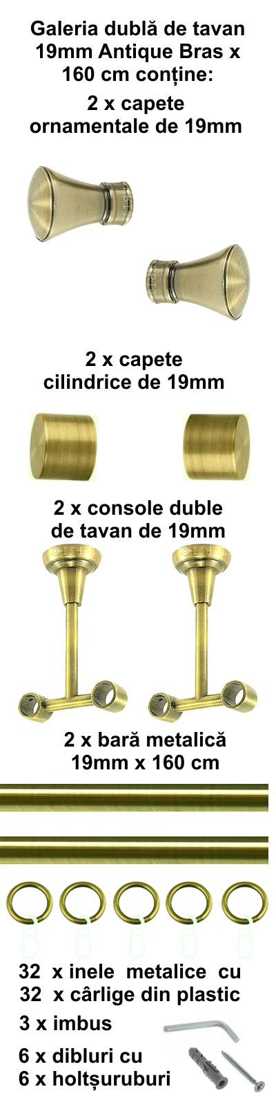 Galerie Metalică Conic, dublă, de tavan, cu inele, 19mm, antique brass (auriu antic)