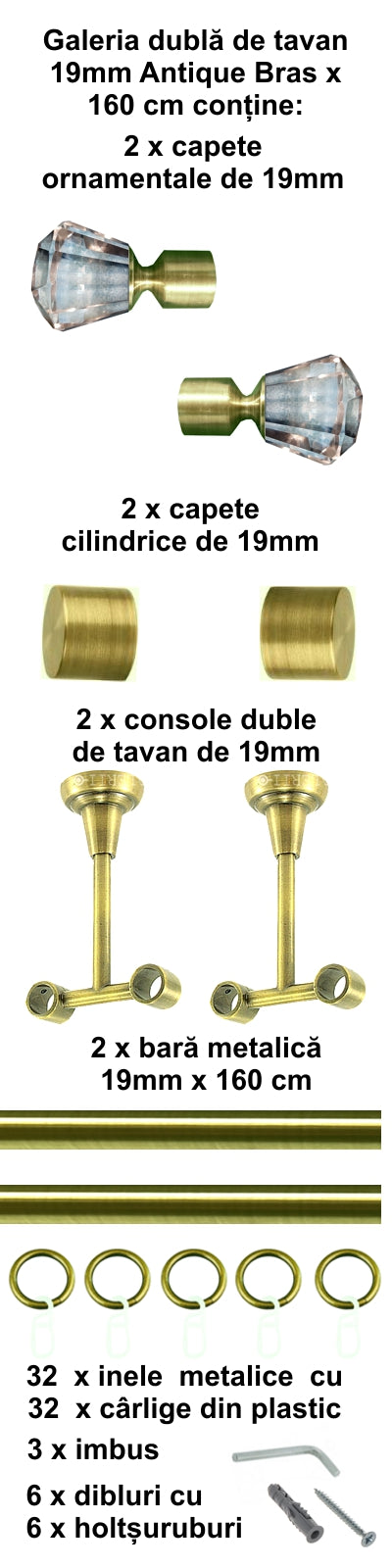 Galerie Metalică Cristal, dublă, de tavan, cu inele, 19mm, antique brass (auriu antic)