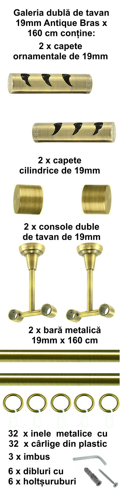 Galerie Metalică Drop, dublă, de tavan, cu inele, 19mm, antique brass (auriu antic)