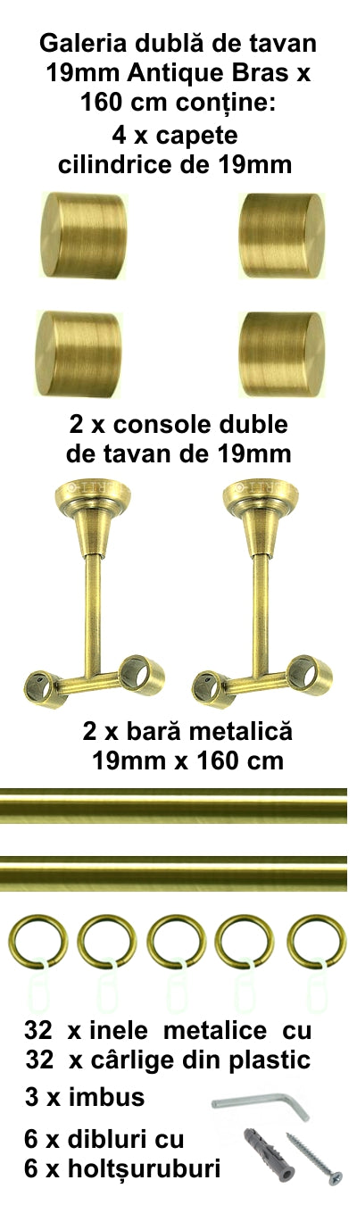 Galerie Metalică Luna, dublă, de tavan, cu inele, 19mm, antique brass (auriu antic)