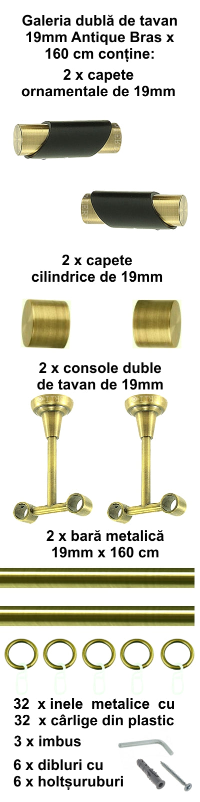 Galerie Metalică Paris, dublă, de tavan, cu inele, 19mm, antique brass (auriu antic)