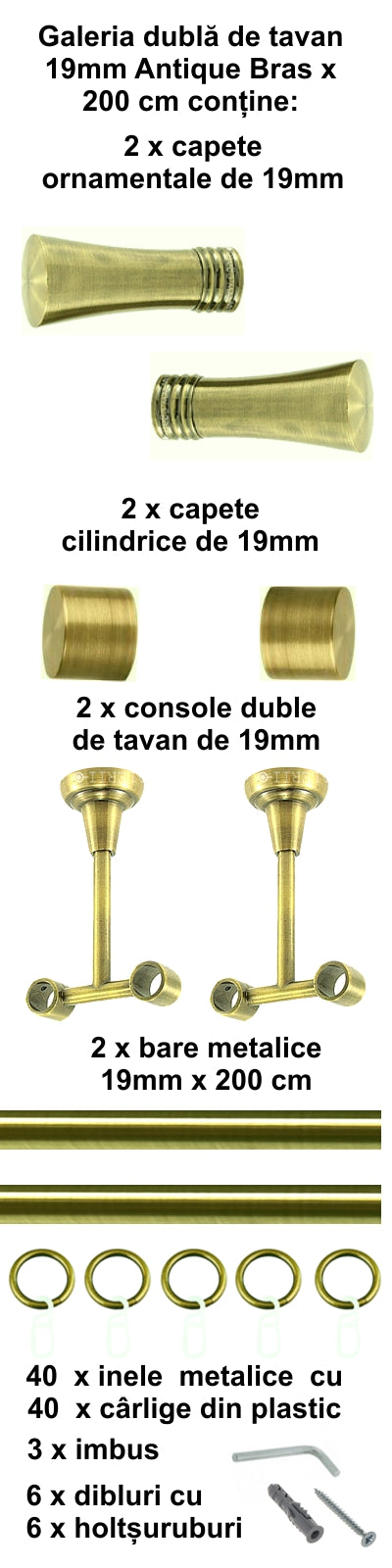 Galerie Metalică Ahile, dublă, de tavan, cu inele, 19mm, antique brass (auriu antic)