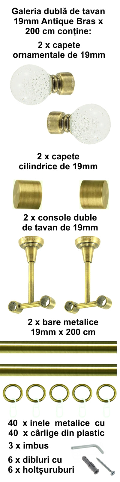 Galerie Metalică Buble, dublă, de tavan, cu inele, 19mm, antique brass (auriu antic)