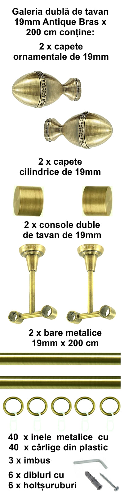 Galerie Metalică Cezar, dublă, de tavan, cu inele, 19mm, antique brass (auriu antic)