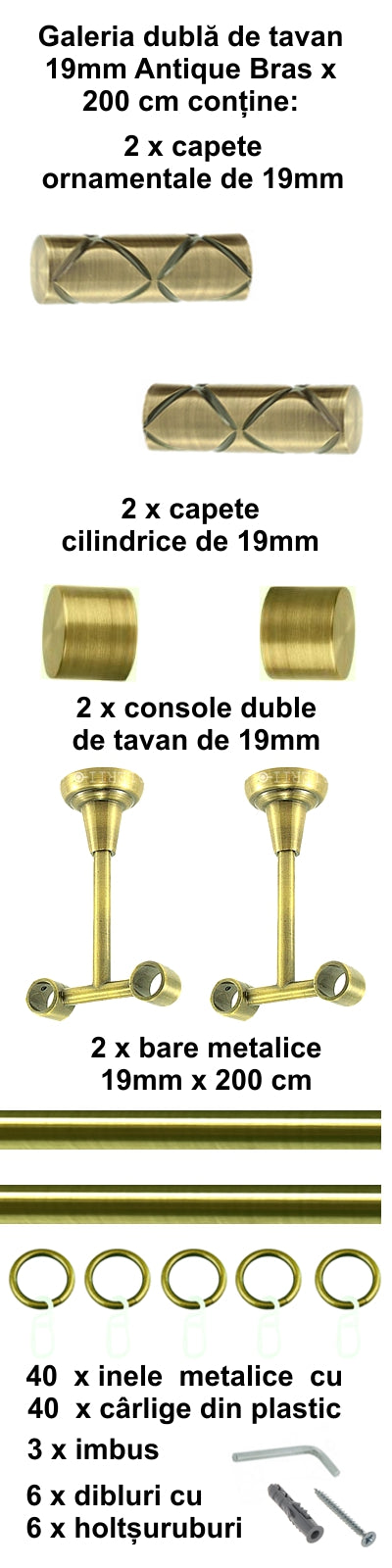 Galerie Metalică Ciel, dublă, de tavan, cu inele, 19mm, antique brass (auriu antic)