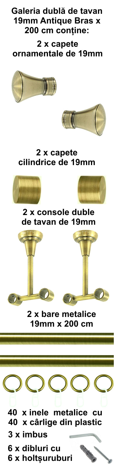 Galerie Metalică Conic, dublă, de tavan, cu inele, 19mm, antique brass (auriu antic)