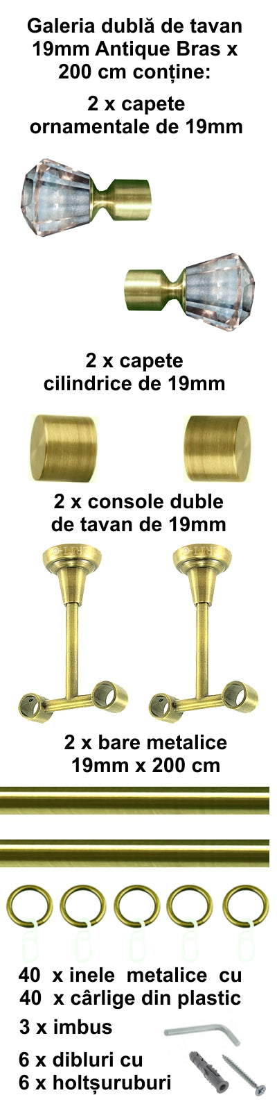 Galerie Metalică Cristal, dublă, de tavan, cu inele, 19mm, antique brass (auriu antic)