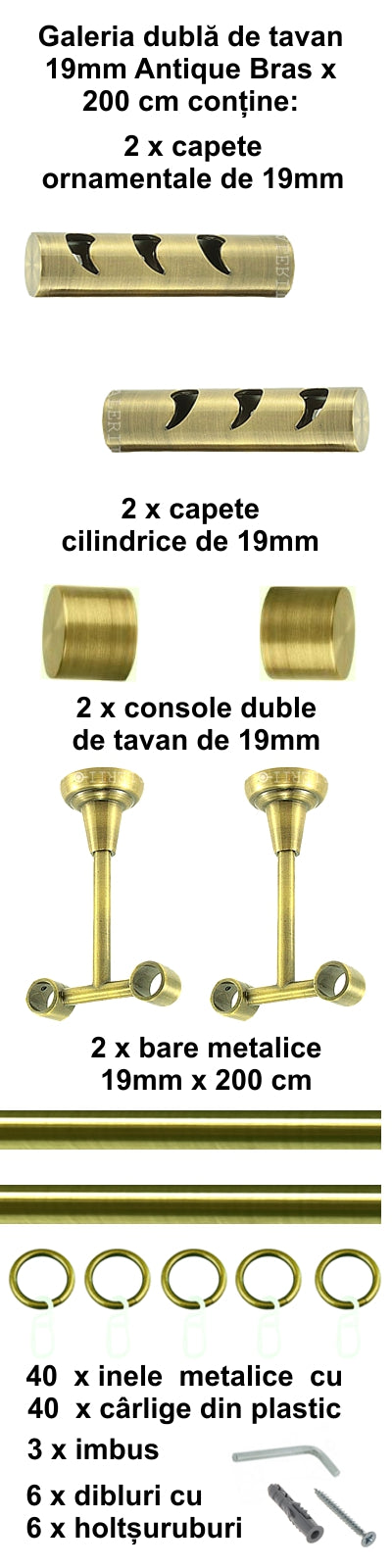 Galerie Metalică Drop, dublă, de tavan, cu inele, 19mm, antique brass (auriu antic)