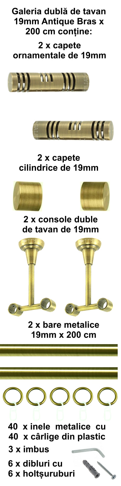 Galerie Metalică Elis, dublă, de tavan, cu inele, 19mm, antique brass (auriu antic)