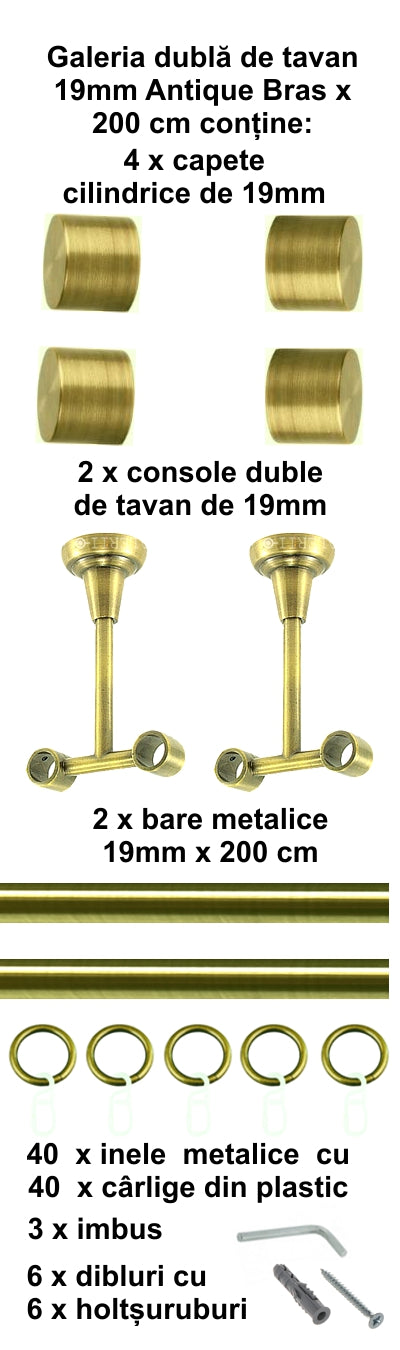 Galerie Metalică Luna, dublă, de tavan, cu inele, 19mm, antique brass (auriu antic)