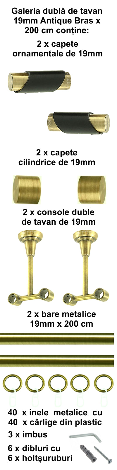 Galerie Metalică Paris, dublă, de tavan, cu inele, 19mm, antique brass (auriu antic)