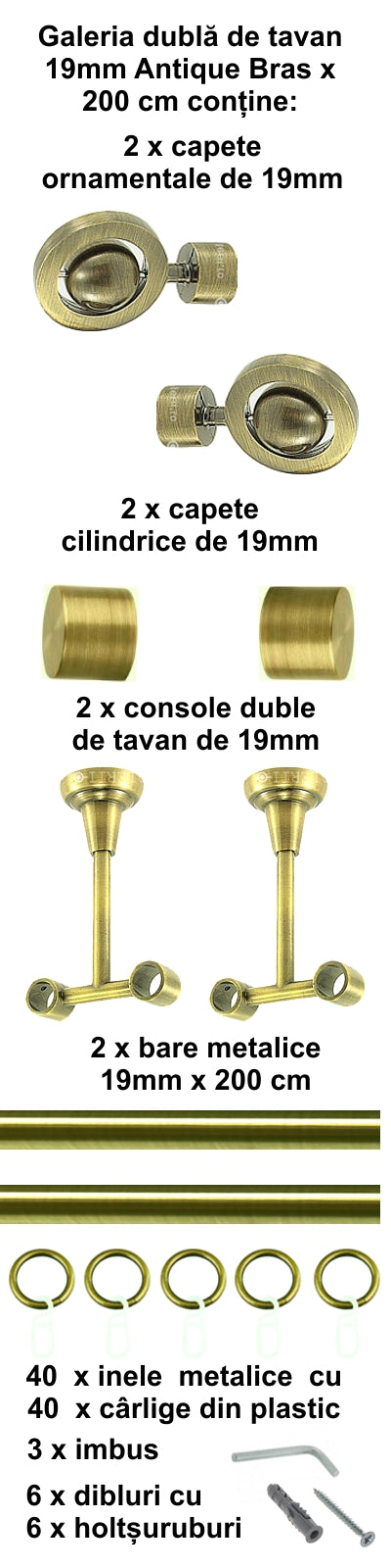 Galerie Metalică Seti, dublă, de tavan, cu inele, 19mm, antique brass (auriu antic)