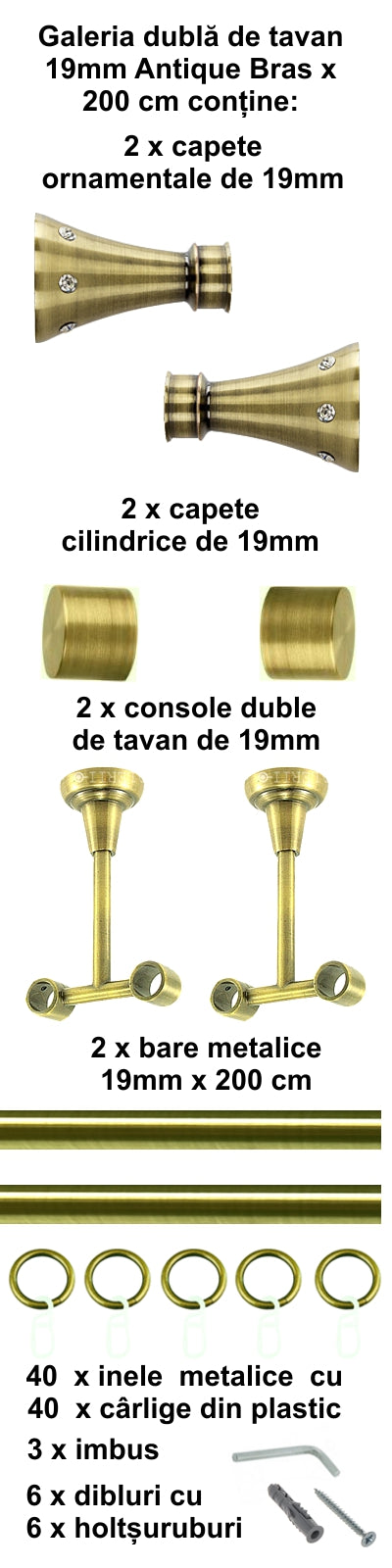 Galerie Metalică Sigma, dublă, de tavan, cu inele, 19mm, antique brass (auriu antic)