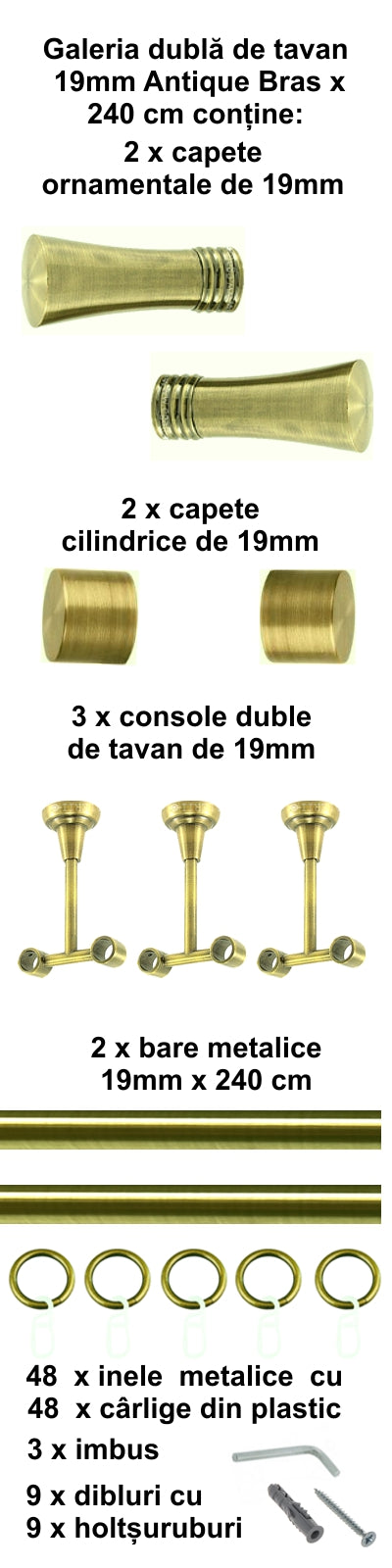 Galerie Metalică Ahile, dublă, de tavan, cu inele, 19mm, antique brass (auriu antic)