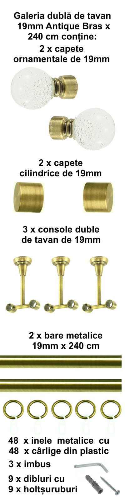 Galerie Metalică Buble, dublă, de tavan, cu inele, 19mm, antique brass (auriu antic)