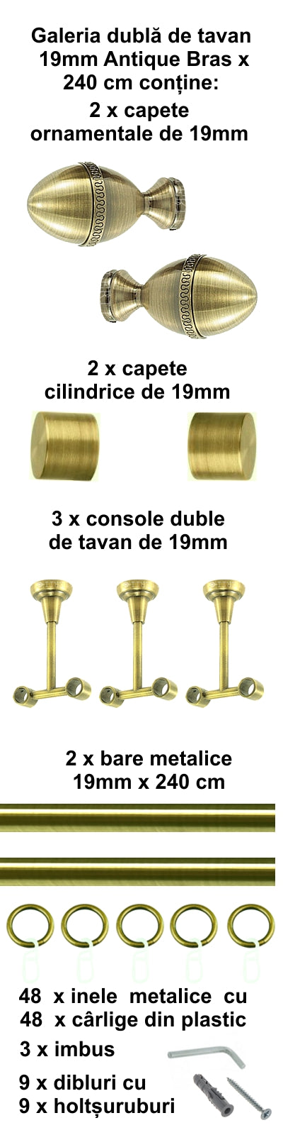 Galerie Metalică Cezar, dublă, de tavan, cu inele, 19mm, antique brass (auriu antic)