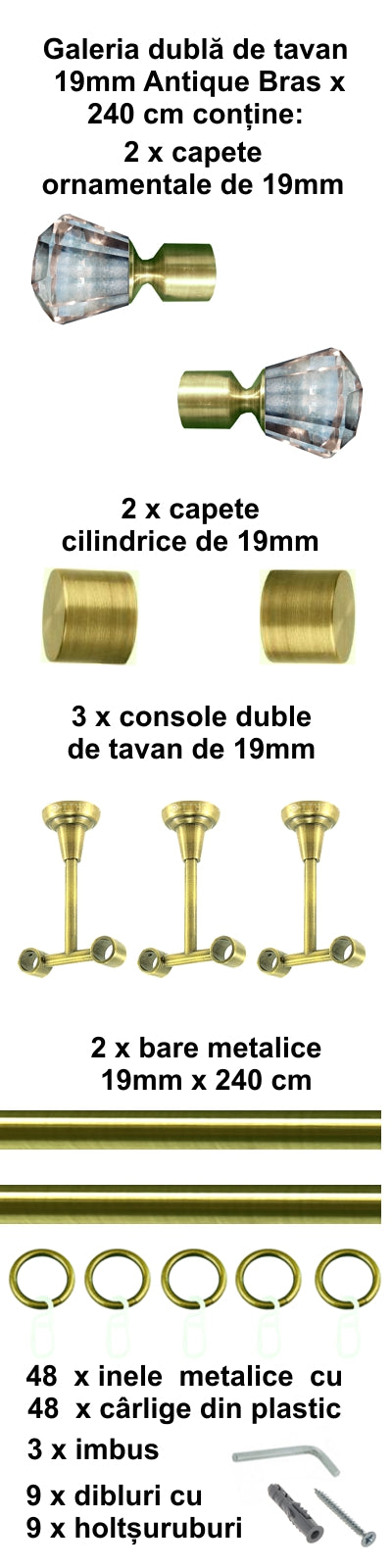 Galerie Metalică Cristal, dublă, de tavan, cu inele, 19mm, antique brass (auriu antic)