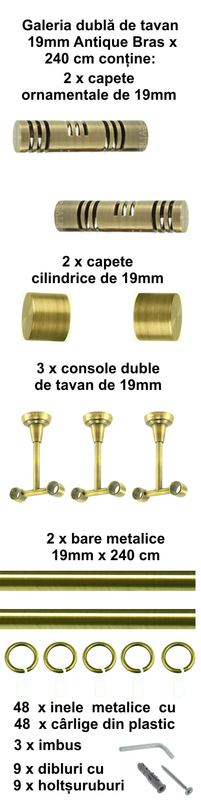 Galerie Metalică Elis, dublă, de tavan, cu inele, 19mm, antique brass (auriu antic)
