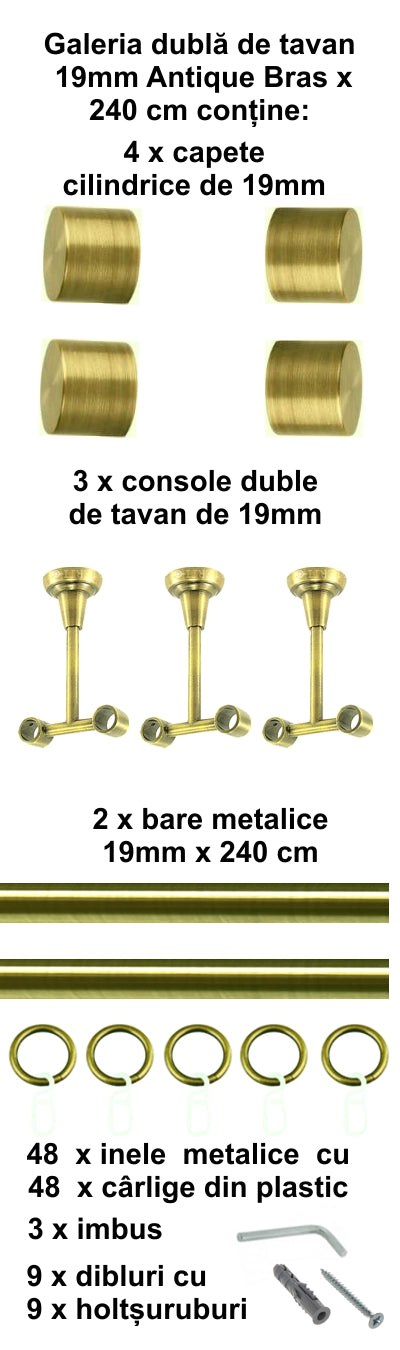 Galerie Metalică Luna, dublă, de tavan, cu inele, 19mm, antique brass (auriu antic)