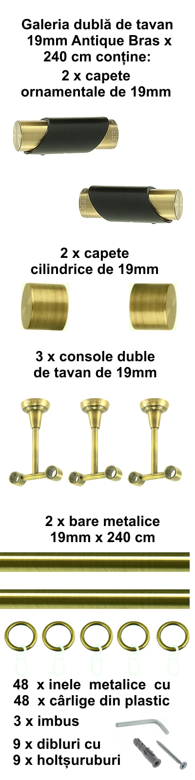 Galerie Metalică Paris, dublă, de tavan, cu inele, 19mm, antique brass (auriu antic)