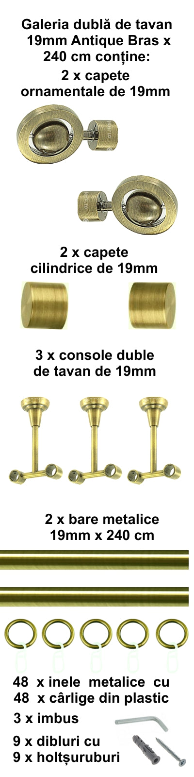 Galerie Metalică Seti, dublă, de tavan, cu inele, 19mm, antique brass (auriu antic)