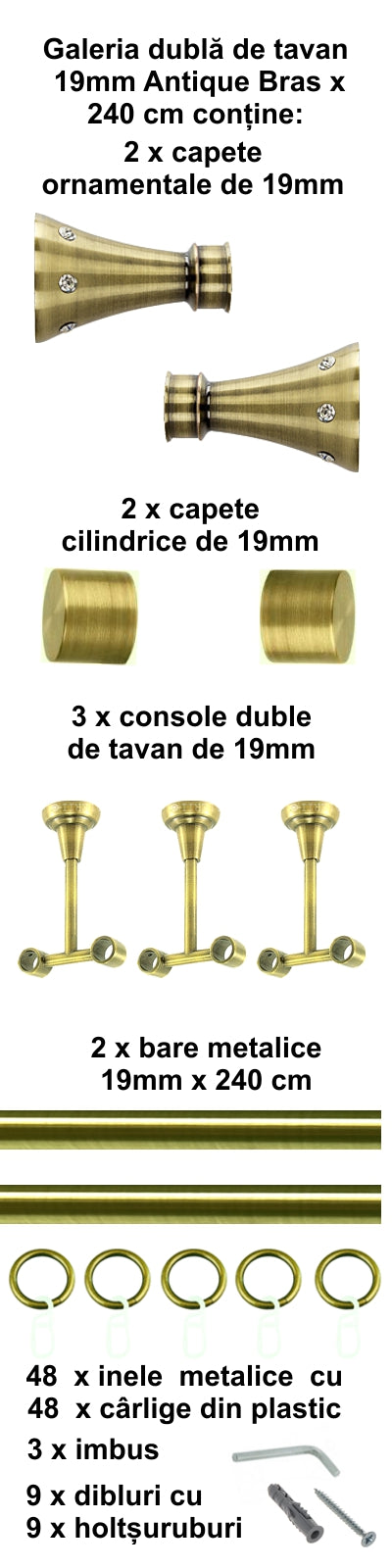 Galerie Metalică Sigma, dublă, de tavan, cu inele, 19mm, antique brass (auriu antic)