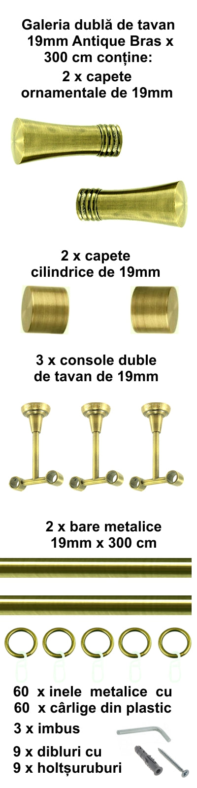 Galerie Metalică Ahile, dublă, de tavan, cu inele, 19mm, antique brass (auriu antic)