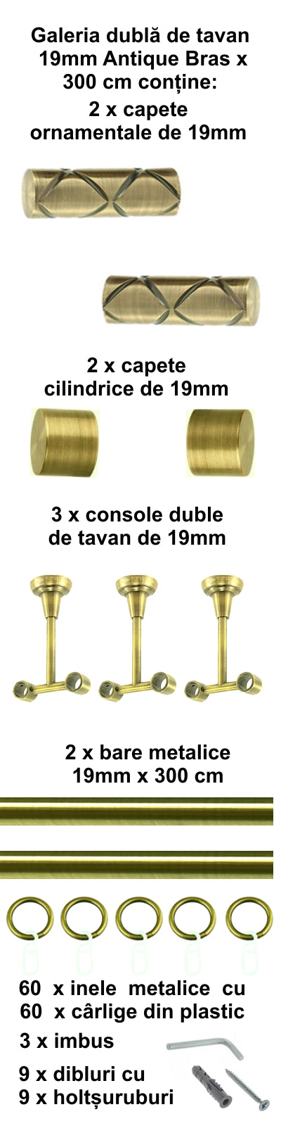 Galerie Metalică Ciel, dublă, de tavan, cu inele, 19mm, antique brass (auriu antic)