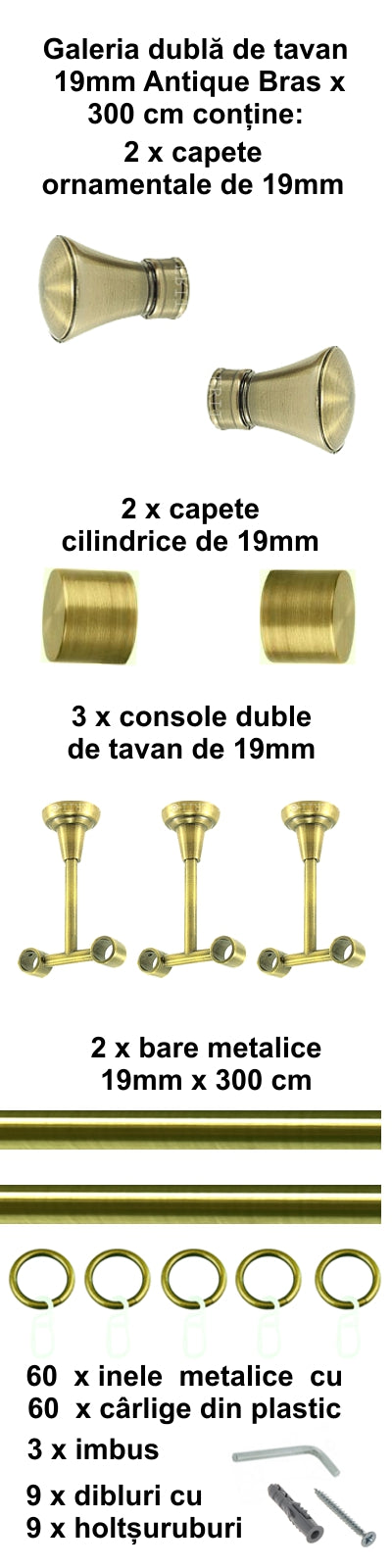 Galerie Metalică Conic, dublă, de tavan, cu inele, 19mm, antique brass (auriu antic)