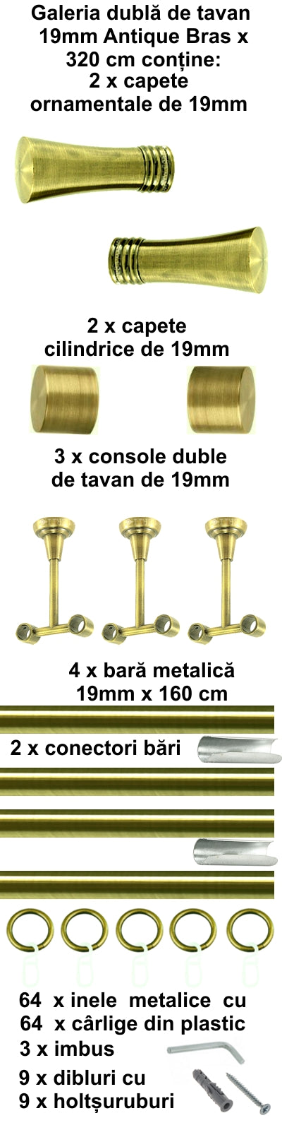 Galerie Metalică Ahile, dublă, de tavan, cu inele, 19mm, antique brass (auriu antic)