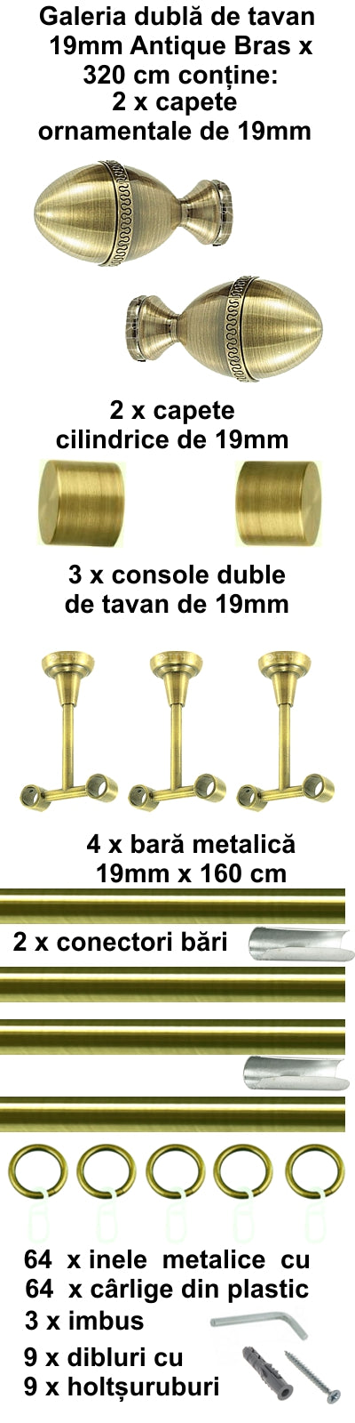 Galerie Metalică Cezar, dublă, de tavan, cu inele, 19mm, antique brass (auriu antic)