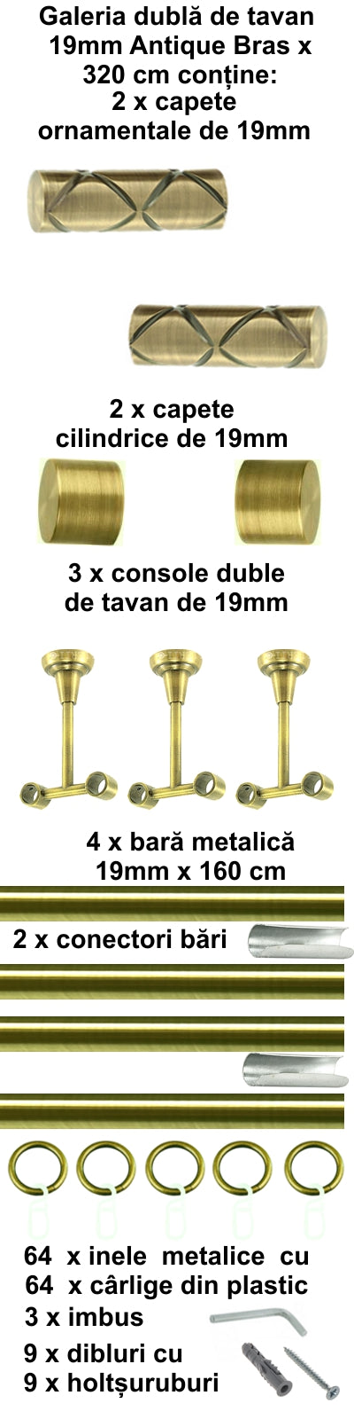 Galerie Metalică Ciel, dublă, de tavan, cu inele, 19mm, antique brass (auriu antic)