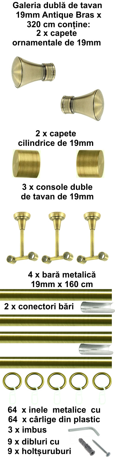 Galerie Metalică Conic, dublă, de tavan, cu inele, 19mm, antique brass (auriu antic)